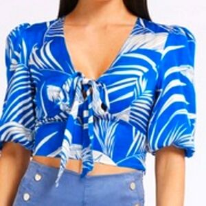 Guess Eco Tamara Top. Color Baja Palm Print Blue. Size XL.